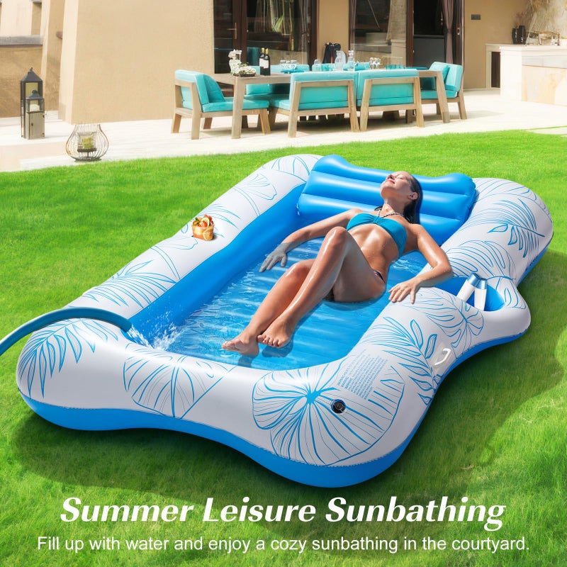 HeySplash Inflatable Pool Float for Adults, Tanning Pool Lounger with Removable Pillow & Cup Holders, Large Sunbathing Raft for Beach Vacation, Pool Floatie for Lake, River, Backyard, Blue Leaf - Image 5