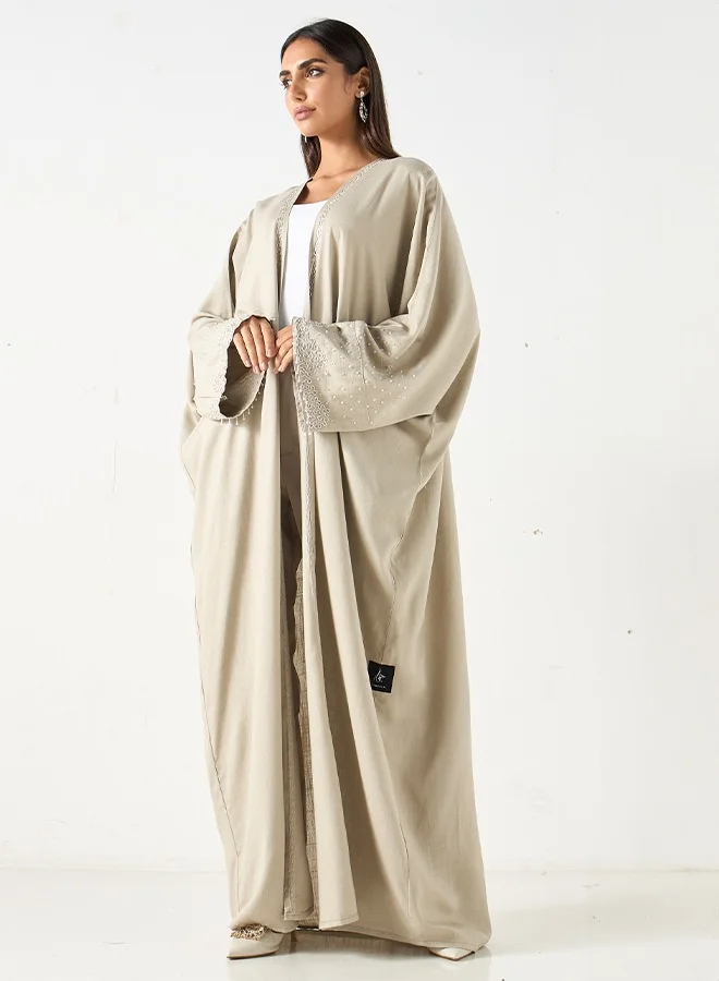 جميلة Camel cream open front Abaya with embellished sleeves