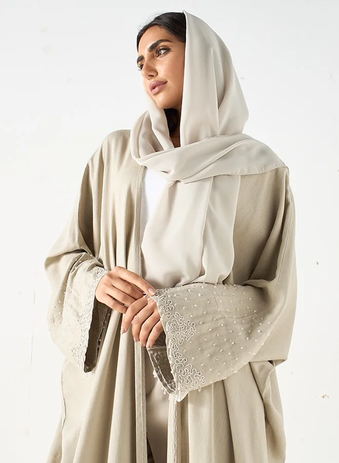 جميلة Camel cream open front Abaya with embellished sleeves