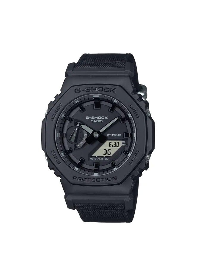 Casio G-Shock GA-2100BCE-1AER Men’s Watch – Black Resin Case, Black CORDURA® Fabric Strap, Black Dial, black / dark grey index markers (all-black utility style), Analog-Digital, Carbon Core Guard, Shock Resistant, 200M Water Resistant. - Image 1
