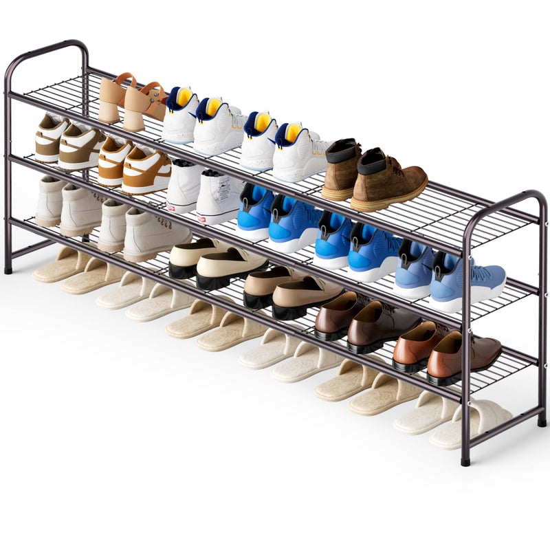 KEETDY Long 3 Tier Shoe Rack for Closet Wide Shoe Storage Organizer Stackable Metal Shoe Shelf for 24 Pairs Men Sneakers with Wire Grid for Closet Floor Bedroom Entryway Bronze