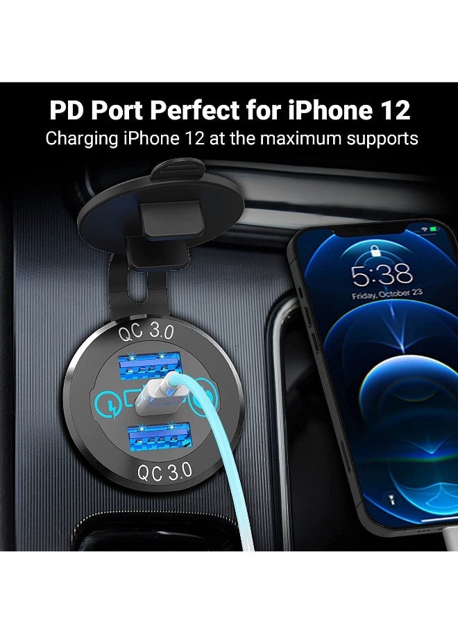 Generic Car Charger Socket, 12V/24V Triple USB Outlet 20W PD & 18W QC3.0 Aluminum Metal with Touch Power Switch, Fast Charge Adapter for Boat Marine RV Golf Cart Motorcycle  - Image 4
