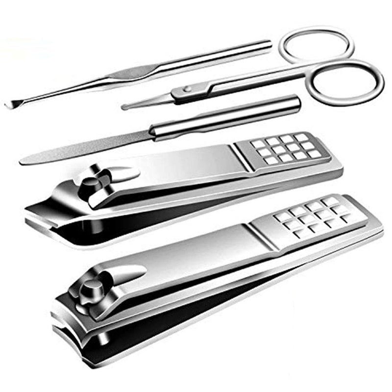 QLNE Manicure Pedicure Kit Nail Clippers Set Fingernails & Toenails Vibrissac Scissor 5 Pieces Best Care Tools for Man & Women with Travel Case (Gray/Black_A) (Primary Color of Stainless Steel_A) - Image 1