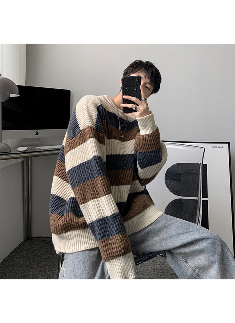 Generic - Base Round Neck Wool Clothes Color Blocking Sweater Trendy Men Casual Autumn Winter Loose Style Long Sleeve Shirt Blue - Image 1