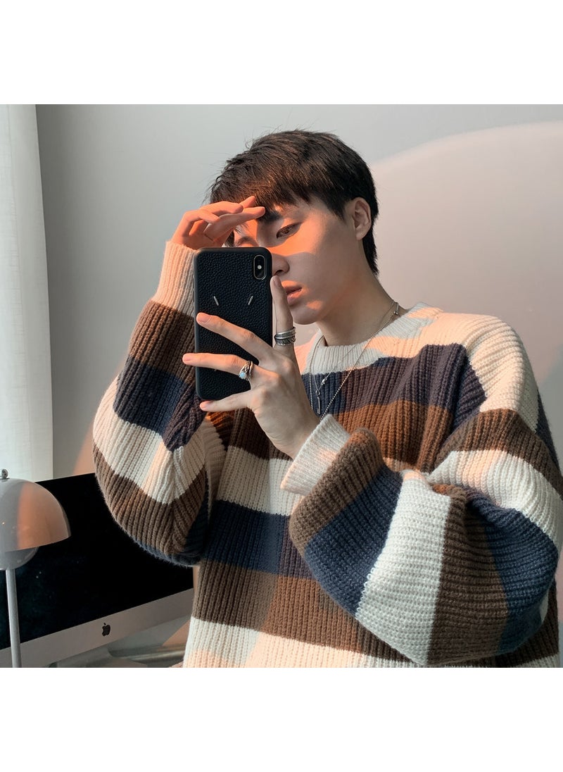 Generic - Base Round Neck Wool Clothes Color Blocking Sweater Trendy Men Casual Autumn Winter Loose Style Long Sleeve Shirt Blue - Image 1