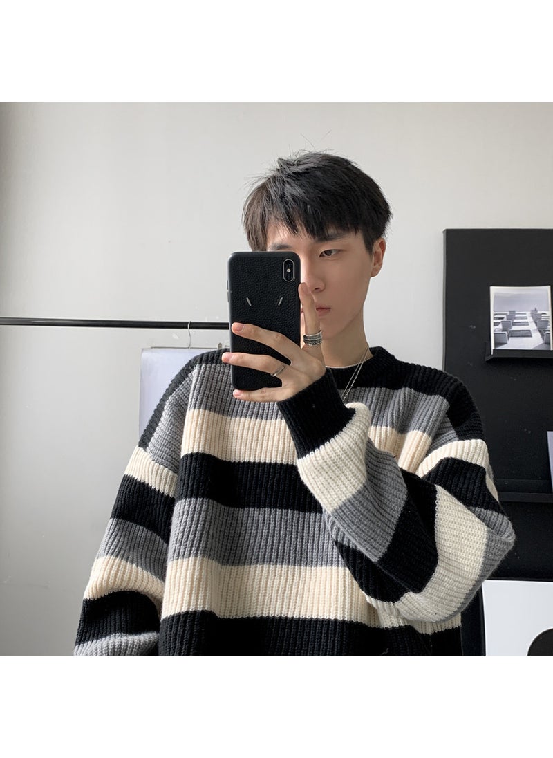 Generic - Base Round Neck Wool Clothes Color Blocking Sweater Trendy Men Casual Autumn Winter Loose Style Long Sleeve Shirt Blue - Image 1