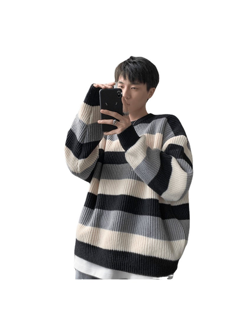 Generic - Base Round Neck Wool Clothes Color Blocking Sweater Trendy Men Casual Autumn Winter Loose Style Long Sleeve Shirt Blue - Image 1