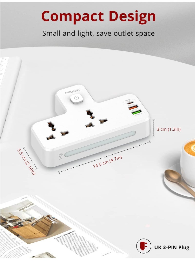 PEGANT - 3 in 1 Outlet Extension, 2 Universal Outlets, 20W USB-С Quick Charge, 2  USB-A QC3.0, with Night Light - Image 1