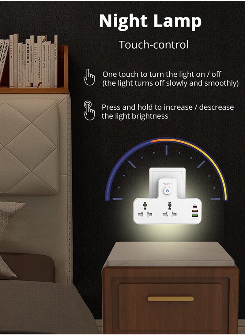 PEGANT - 3 in 1 Outlet Extension, 2 Universal Outlets, 20W USB-С Quick Charge, 2  USB-A QC3.0, with Night Light - Image 1