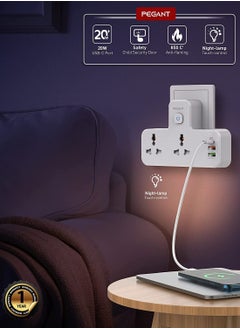 PEGANT 3 in 1 Outlet Extension, 2 Universal Outlets, 20W USB-С Quick Charge, 2  USB-A QC3.0, with Night Light  - Image 2