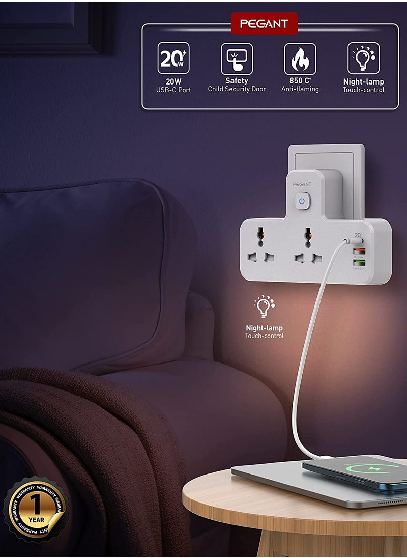 PEGANT - 3 in 1 Outlet Extension, 2 Universal Outlets, 20W USB-С Quick Charge, 2  USB-A QC3.0, with Night Light - Image 1