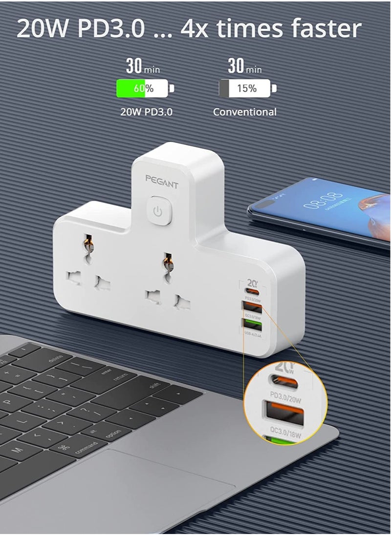 PEGANT - 3 in 1 Outlet Extension, 2 Universal Outlets, 20W USB-С Quick Charge, 2  USB-A QC3.0, with Night Light - Image 1
