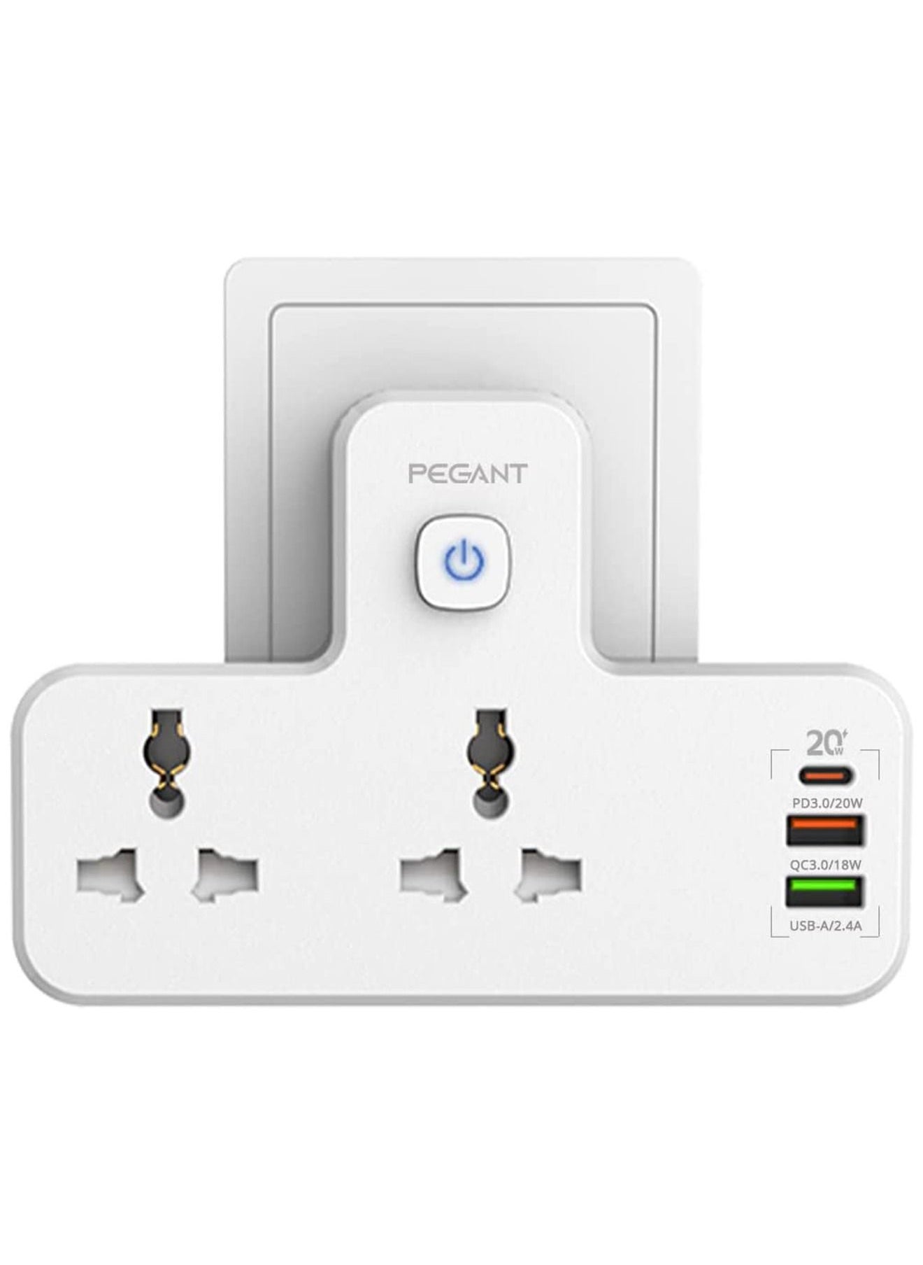 PEGANT 3 in 1 Outlet Extension, 2 Universal Outlets, 20W USB-С Quick Charge, 2  USB-A QC3.0, with Night Light 