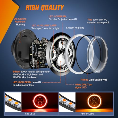 Nilight 7 Inch Round LED Halo Headlights wTurn Signal Amber Light Red DRL High Low Beam 7 Headlight Compatible with 2007 2008 2009 2010 2011 2012 2013 2014 2015 2016 2017 2018 Wrangler JK JKU - Image 3