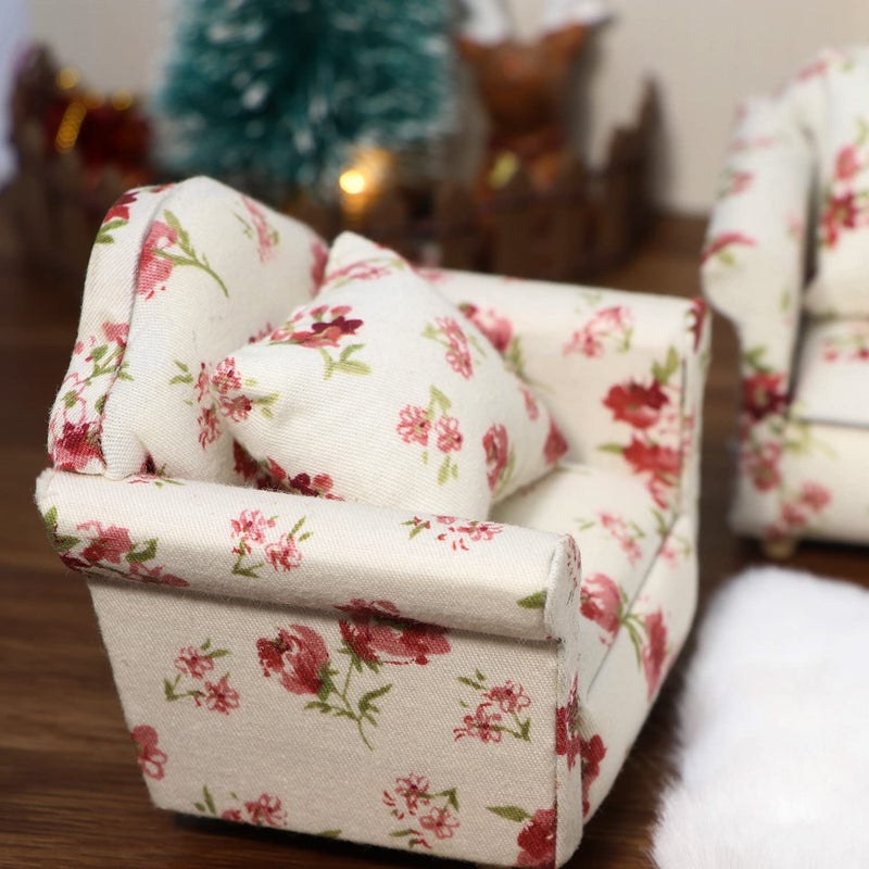 Cutemini Dollhouse Couch with Pillow 1 12 Scale Miniature Sofa Arm Chair Living Room Furniture Wooden Fabric Frame Single Reading Chair Artificial House Room Scene Decoration (White Floral) - Image 4