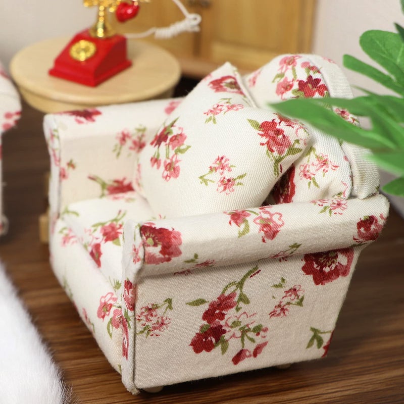 Cutemini Dollhouse Couch with Pillow 1 12 Scale Miniature Sofa Arm Chair Living Room Furniture Wooden Fabric Frame Single Reading Chair Artificial House Room Scene Decoration (White Floral) - Image 3