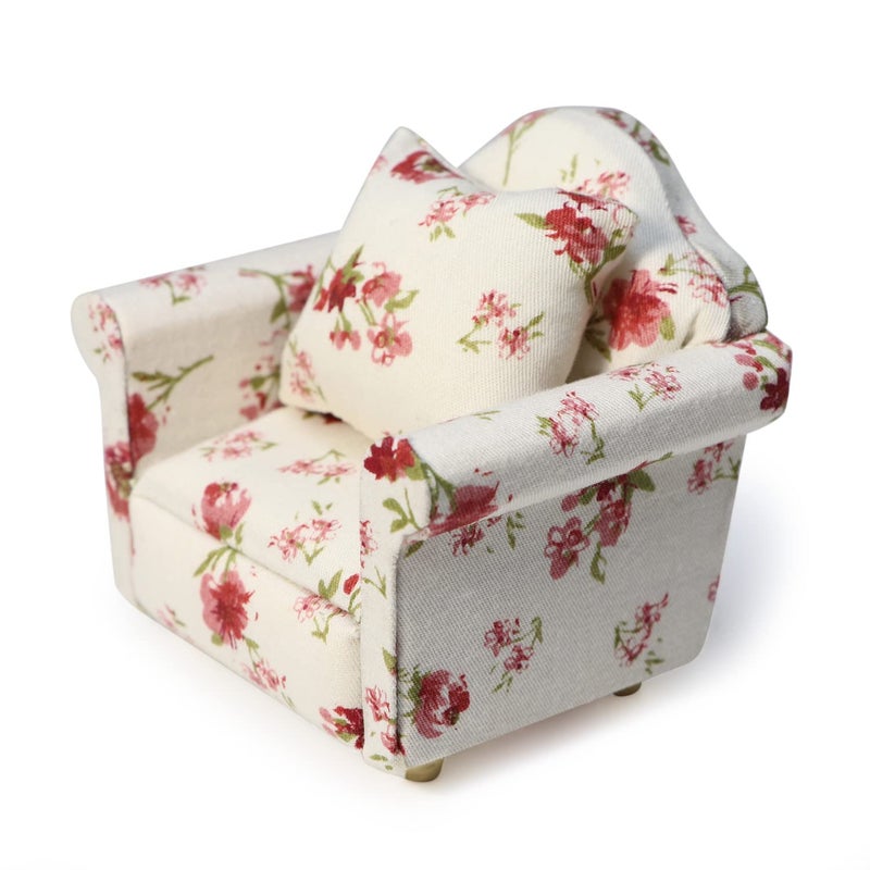 Cutemini Dollhouse Couch with Pillow 1 12 Scale Miniature Sofa Arm Chair Living Room Furniture Wooden Fabric Frame Single Reading Chair Artificial House Room Scene Decoration (White Floral) - Image 1
