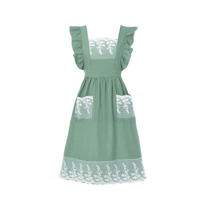 Aoomzoon Aoomzoom Vintage Aprons for Woman with Pockets Cute Lace Ruffle Adjustable Apron for Cooking Kitchen Baking Gardening (Light Green) - Image 1