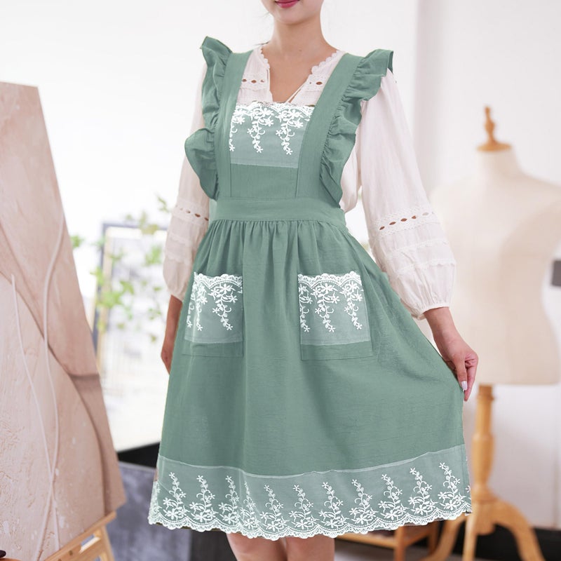 Aoomzoon Aoomzoom Vintage Aprons for Woman with Pockets Cute Lace Ruffle Adjustable Apron for Cooking Kitchen Baking Gardening (Light Green) - Image 2