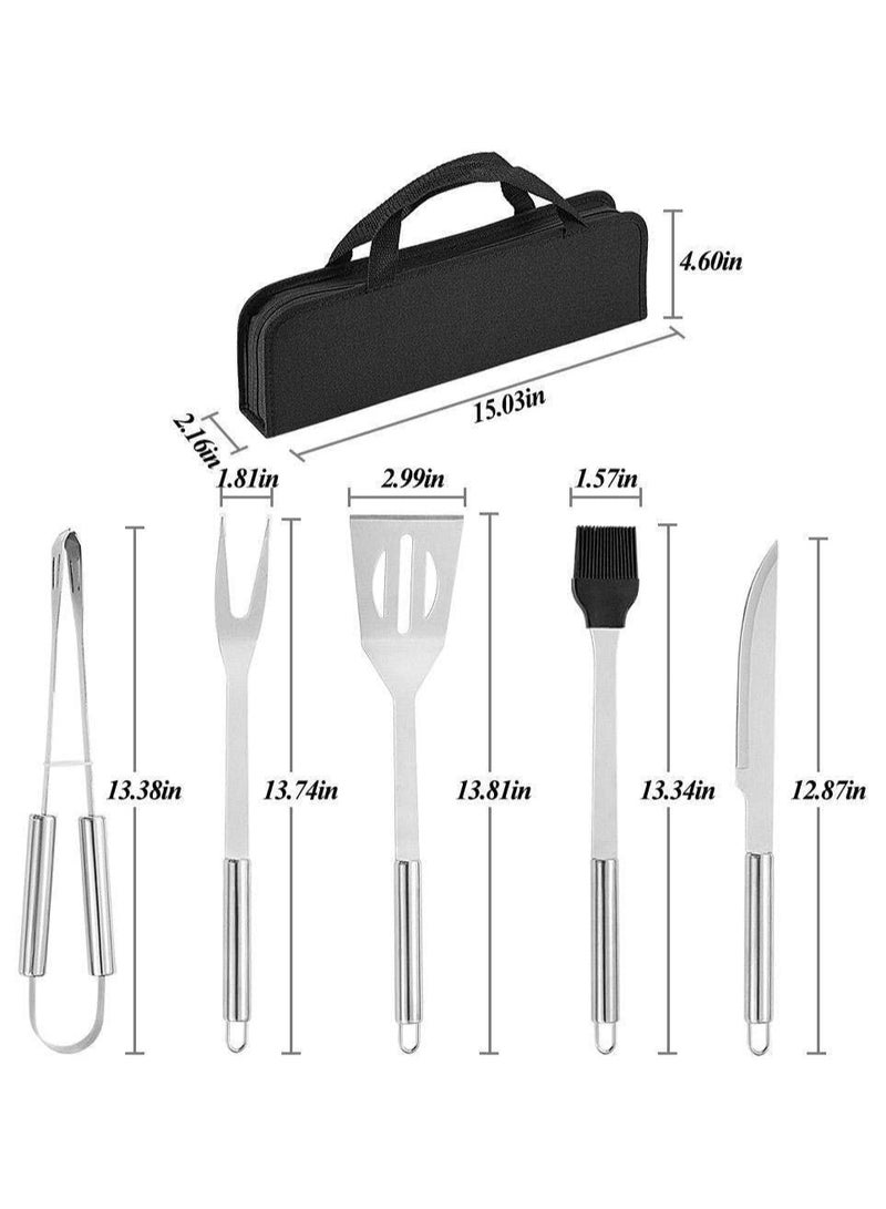 BLOOMING TIME Stainless-steel BBQ Grill Tool Set with Knife Brush Fork Spatula and Tong with Oxford Bag (5 Pieces) - Image 1