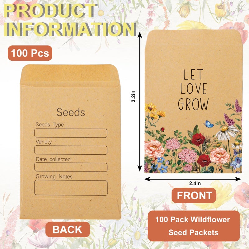 FYSUIMU 100Pcs Wildflower Seed Packets Let Love Grow Self-Adhesive Kraft Envelopes Rustic Floral Seed Storage Pockets for Garden Office Party Favors Supplies, 3.15 x 2.4 Inch - Image 2