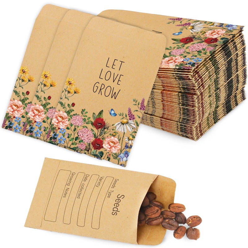 FYSUIMU 100Pcs Wildflower Seed Packets Let Love Grow Self-Adhesive Kraft Envelopes Rustic Floral Seed Storage Pockets for Garden Office Party Favors Supplies, 3.15 x 2.4 Inch - Image 1