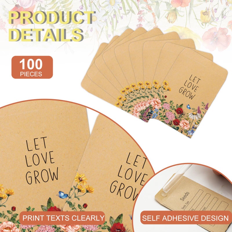 FYSUIMU 100Pcs Wildflower Seed Packets Let Love Grow Self-Adhesive Kraft Envelopes Rustic Floral Seed Storage Pockets for Garden Office Party Favors Supplies, 3.15 x 2.4 Inch - Image 3