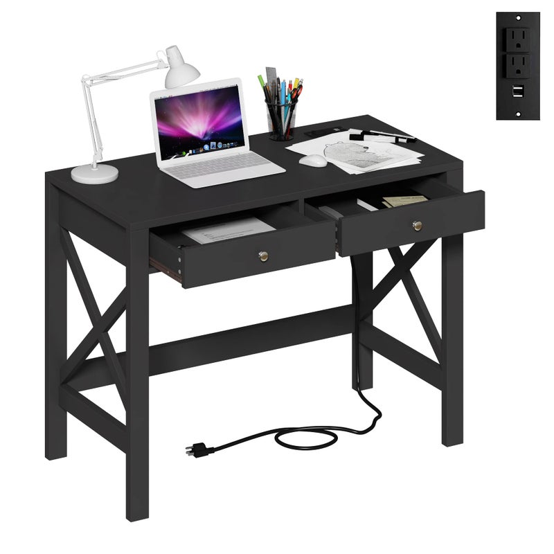 ChooChoo Computer Desk with USB Charging Ports and Power Outlets 39 Black Desk with Drawers Small Study Writing Table with Stable X Frame for Home Office