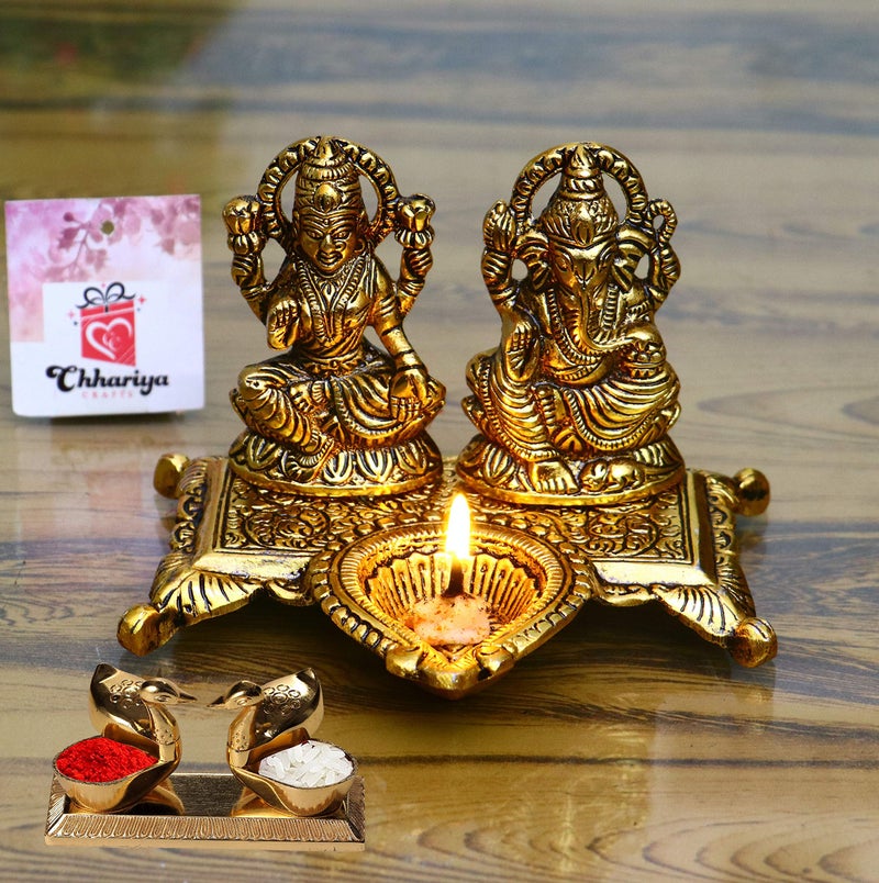 CHHARIYA CRAFTS Metal Laxmi Ganesh Idol with Diya and Kumkum Box Kissing Duck for Pooja Home and Office Combo Offer for Diwali Gift (Diwali Offer, Standard) - Image 1