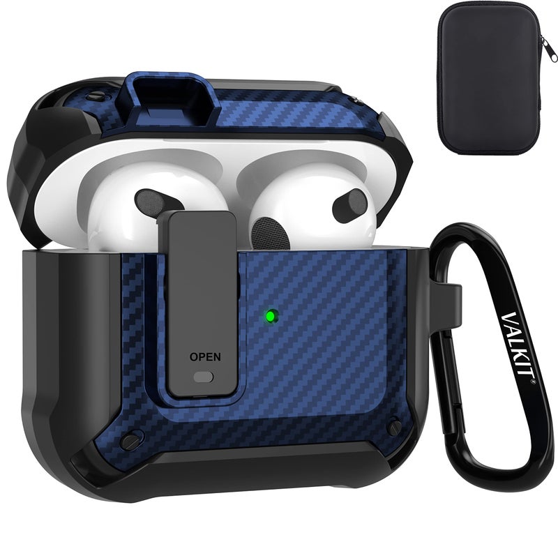 Valkit Compatible Airpods 3rd Generation Case with Lock Clip, Carbon Fiber Hard Shell AirPods 3 Case Cover with Keychain for Men Women Cool Shockproof Protective Case for Air Pods 3rd Gen,Black/Blue - Image 1