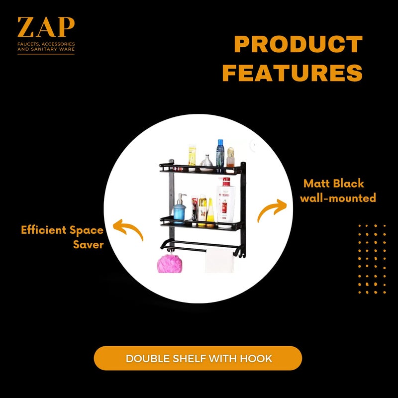 ZAP Double Shelf Two Towel Rod with Two Hooks, Stainless Steel Double Layer Shelf with Towel Holder Rod for Bathroom with Chrome Finish Multipurpose Shelf Wall Mount for Bathroom Accessories - Image 5