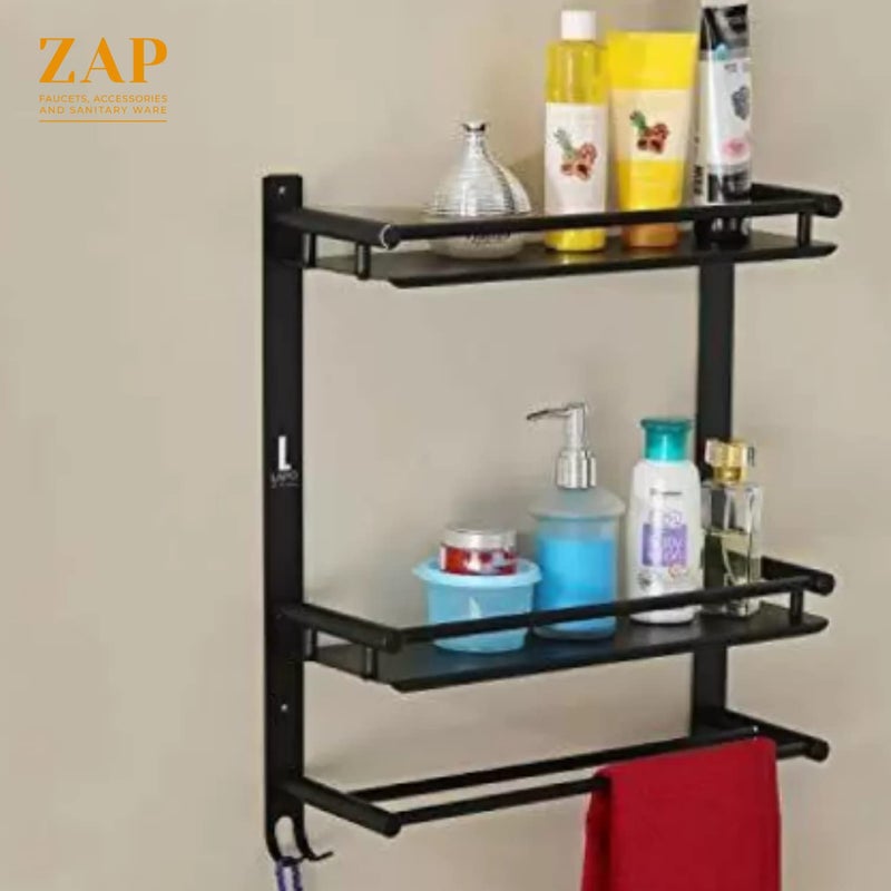 ZAP Double Shelf Two Towel Rod with Two Hooks, Stainless Steel Double Layer Shelf with Towel Holder Rod for Bathroom with Chrome Finish Multipurpose Shelf Wall Mount for Bathroom Accessories - Image 4