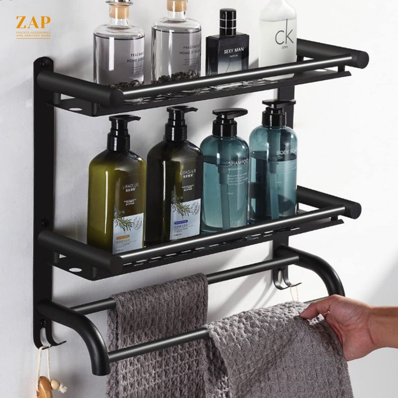 ZAP Double Shelf Two Towel Rod with Two Hooks, Stainless Steel Double Layer Shelf with Towel Holder Rod for Bathroom with Chrome Finish Multipurpose Shelf Wall Mount for Bathroom Accessories - Image 2