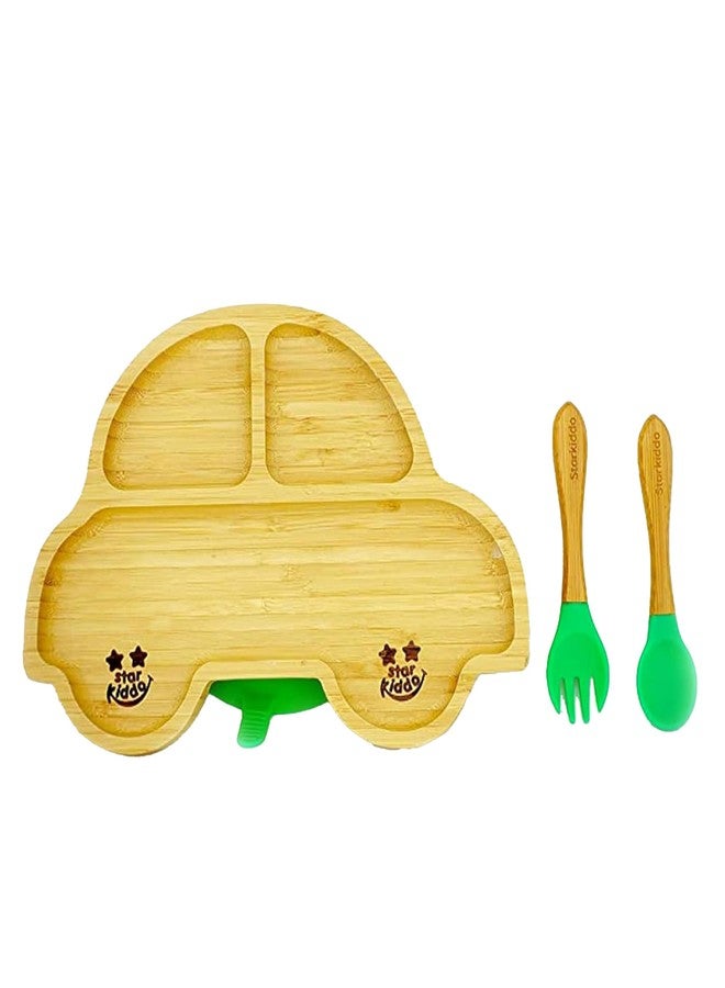 StarKiddo®️ Bamboo Racer Baby Plate - Suction Plate for Kids and Toddler | 3 Sections | Non-Toxic | Ideal for Baby-Led Weaning (Green) - Image 1