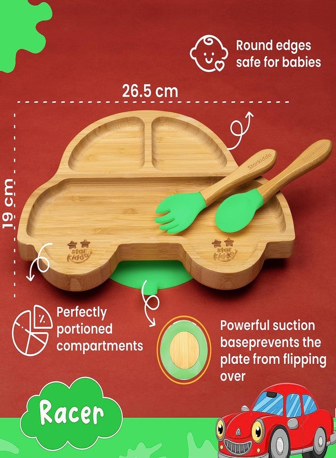 StarKiddo®️ Bamboo Racer Baby Plate - Suction Plate for Kids and Toddler | 3 Sections | Non-Toxic | Ideal for Baby-Led Weaning (Green) - Image 2
