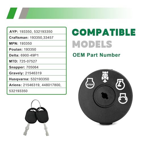 SINTIKI Ignition Switch 4 Position with Keys 532193350 Replace 193350 for Husqvarna LT/LTS/YT/ST/GT Series Craftsman LT1000 LT2000 LT3000 AYP Sears Poulan Riding Lawn Mower Tractor - Image 2