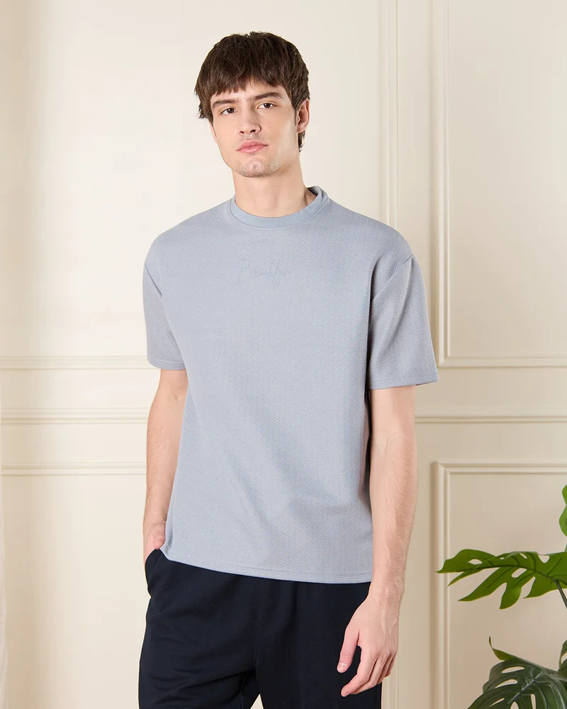 Redtag Men Blue Jacquard T-Shirt