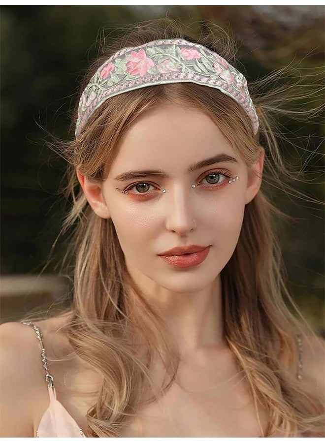 واي جيه طقم مكون من 3 قطع من عصابات الرأس النسائية العتيقة الأنيقة المزيّنة بالزهور بنمط عرقي مع حافة عريضة، لتزيين الجبهة وتسريحات الشعر، مناسبة للاستخدام اليومي كإكسسوارات شعر - Image 3