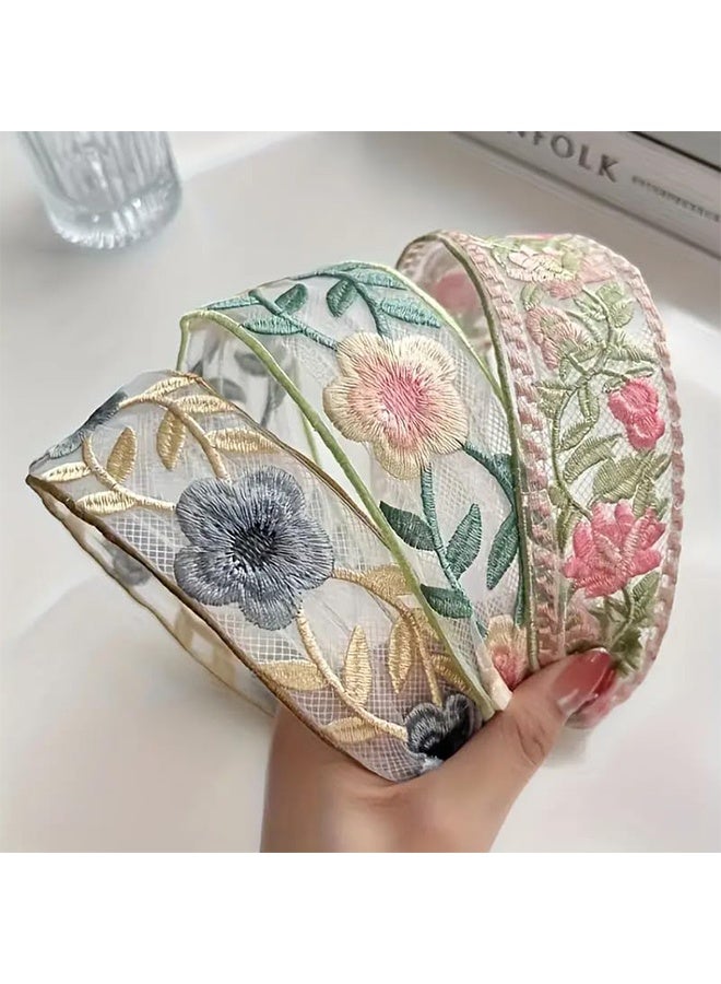 واي جيه طقم مكون من 3 قطع من عصابات الرأس النسائية العتيقة الأنيقة المزيّنة بالزهور بنمط عرقي مع حافة عريضة، لتزيين الجبهة وتسريحات الشعر، مناسبة للاستخدام اليومي كإكسسوارات شعر - Image 5