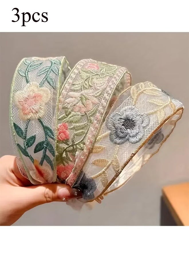 واي جيه طقم مكون من 3 قطع من عصابات الرأس النسائية العتيقة الأنيقة المزيّنة بالزهور بنمط عرقي مع حافة عريضة، لتزيين الجبهة وتسريحات الشعر، مناسبة للاستخدام اليومي كإكسسوارات شعر - Image 1