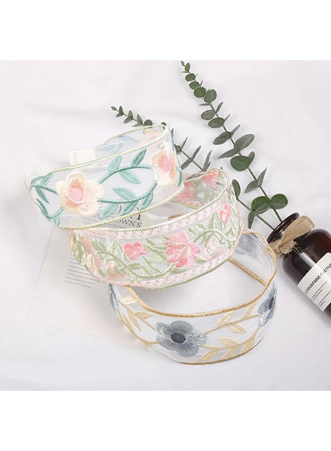 واي جيه طقم مكون من 3 قطع من عصابات الرأس النسائية العتيقة الأنيقة المزيّنة بالزهور بنمط عرقي مع حافة عريضة، لتزيين الجبهة وتسريحات الشعر، مناسبة للاستخدام اليومي كإكسسوارات شعر - Image 2