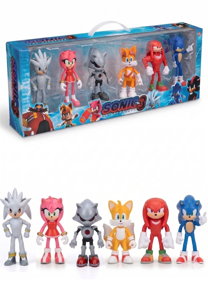 سونيك مجموعة شخصيات سونيك القنفذ 3 - مجموعة ألعاب مكونة من 6 قطع تضم سونيك القنفذ، وسيلفر القنفذ، وإيمي روز، وميتال سونيك، وتيلز، وناكلز آكل النمل الشوكي | مجسمات شخصيات أفلام قابلة للتجميع | زينة للكيك وهدية رائعة لأعياد الميلاد ورمضان والعيد للأطفال من عمر 3 سنوات فما فوق - Image 1