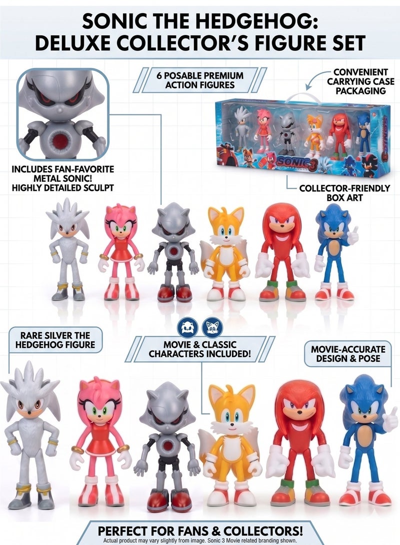 سونيك مجموعة شخصيات سونيك القنفذ 3 - مجموعة ألعاب مكونة من 6 قطع تضم سونيك القنفذ، وسيلفر القنفذ، وإيمي روز، وميتال سونيك، وتيلز، وناكلز آكل النمل الشوكي | مجسمات شخصيات أفلام قابلة للتجميع | زينة للكيك وهدية رائعة لأعياد الميلاد ورمضان والعيد للأطفال من عمر 3 سنوات فما فوق - Image 2