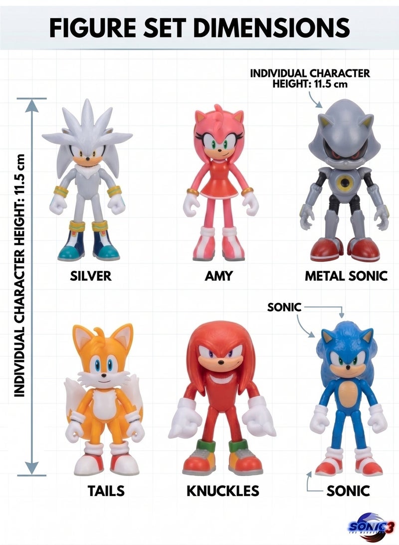 سونيك مجموعة شخصيات سونيك القنفذ 3 - مجموعة ألعاب مكونة من 6 قطع تضم سونيك القنفذ، وسيلفر القنفذ، وإيمي روز، وميتال سونيك، وتيلز، وناكلز آكل النمل الشوكي | مجسمات شخصيات أفلام قابلة للتجميع | زينة للكيك وهدية رائعة لأعياد الميلاد ورمضان والعيد للأطفال من عمر 3 سنوات فما فوق - Image 3