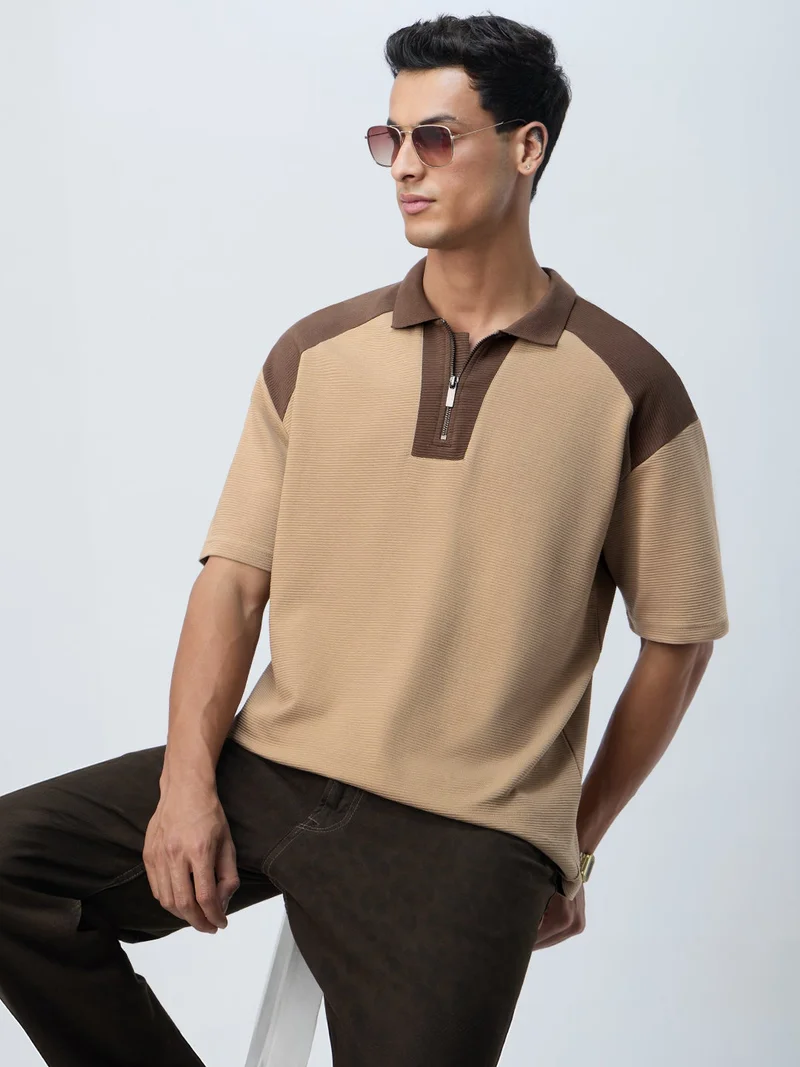 The Souled Store  The Souled Store Originals: Malt Men and Boys Short Sleeves Polo Collar Textured Cotton Blend Oversized Fit Colour-Block Lightweight Comfortable All-Season Polo T-Shirt  | Best Price UAE