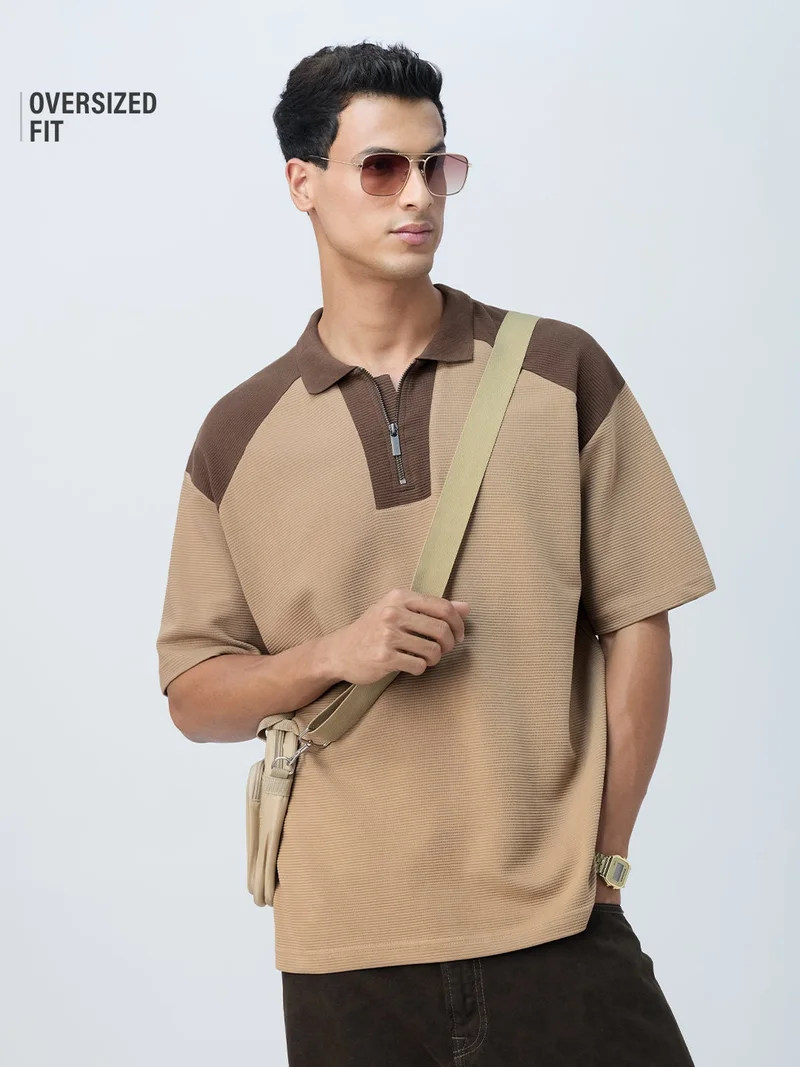 The Souled Store Originals: Malt Men and Boys Short Sleeves Polo Collar Textured Cotton Blend Oversized Fit Colour-Block Lightweight Comfortable All-Season Polo T-Shirt