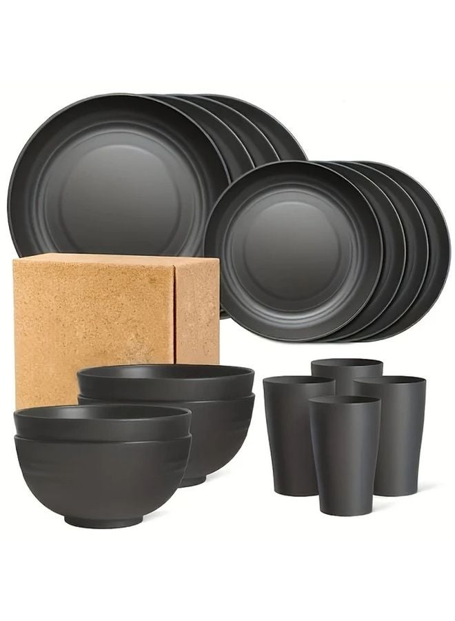 مجموعة أدوات طعام سوداء من 4 قطع: صحنان، وعاء، كوب، آمن للاستخدام في الميكروويف وغسالة الصحون - Image 3