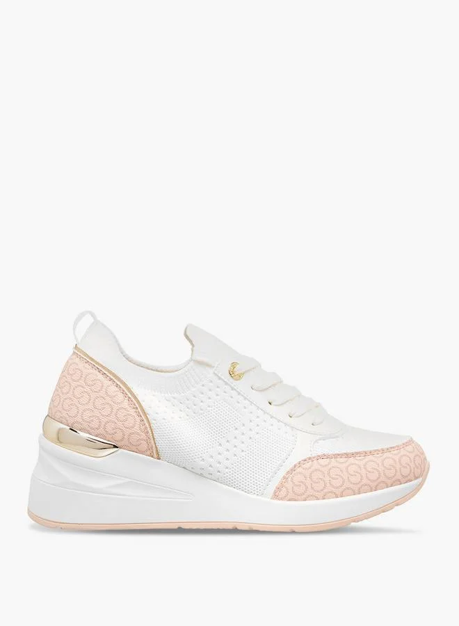 سيليست Women's Monogram Print Lace-Up Sneakers with Wedge Heel