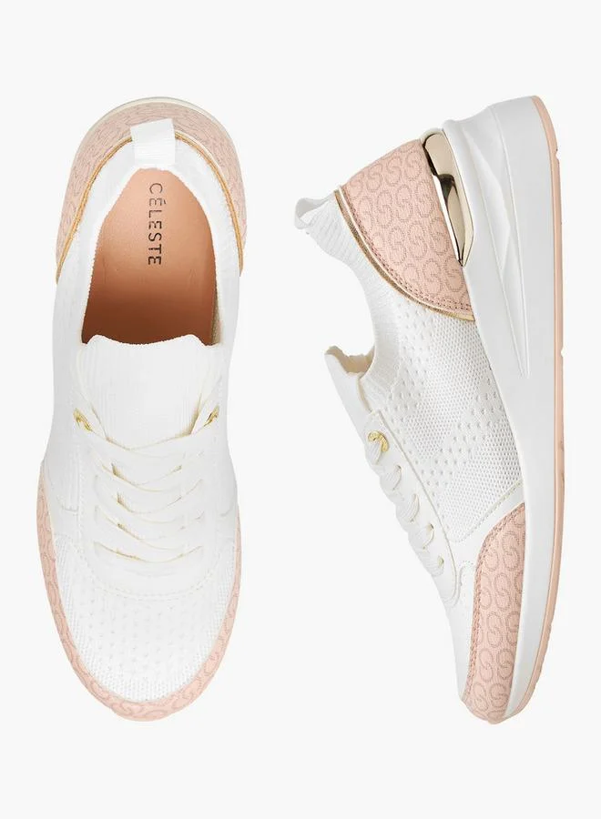 Celeste Women's Monogram Print Lace-Up Sneakers with Wedge Heel