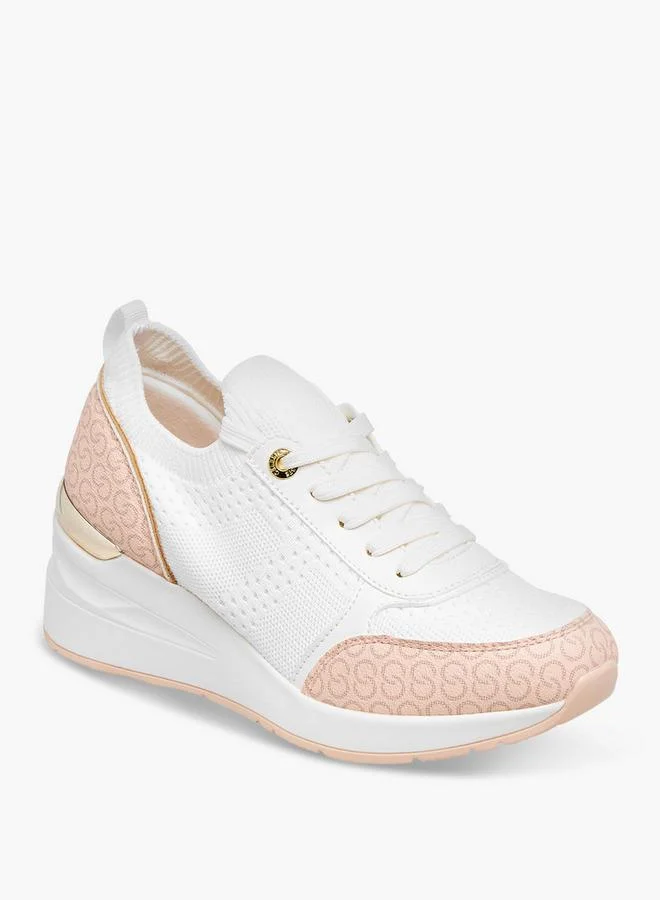 Celeste Women's Monogram Print Lace-Up Sneakers with Wedge Heel